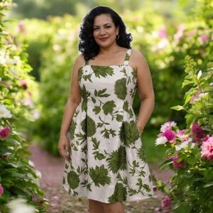 Jessica Howard White & Green Floral Dress Size 12 Retro Elegant